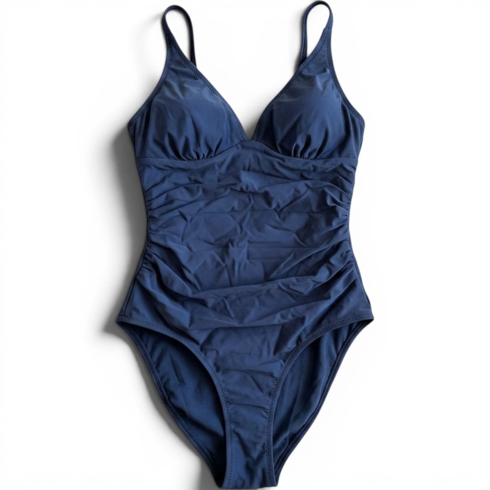 Cupshe Navy Blue Ruched Tummy Control V-Neck One Piece Swimsuit Size Small
